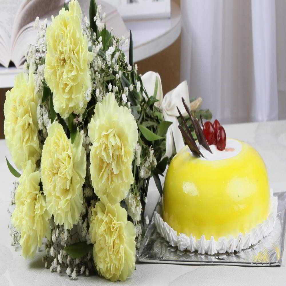 Six Yellow Carnations and Half Kg Pineapple Cake