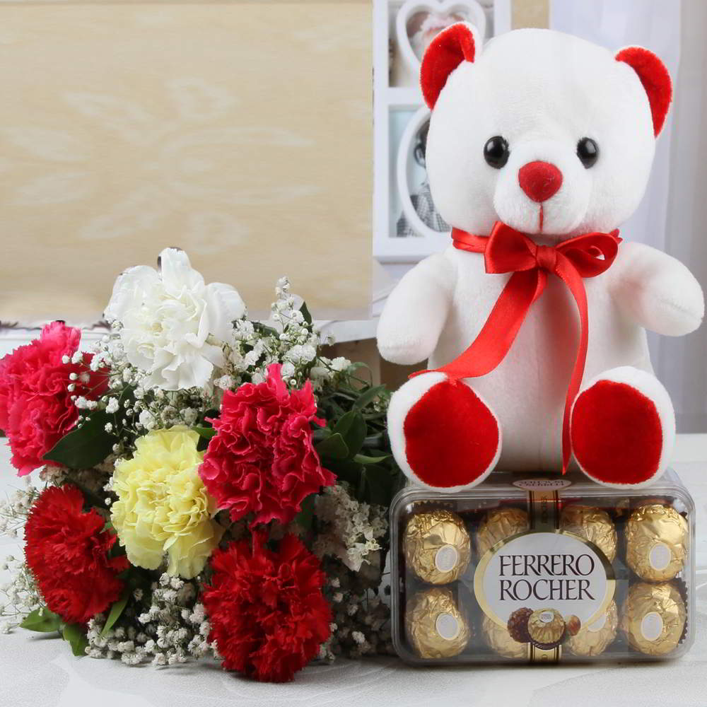Soothing Colorful Carnations with Ferrero Rocher Chocolates and Teddy
