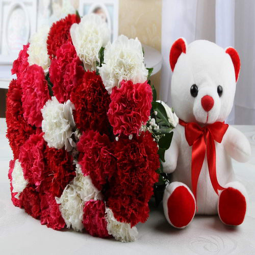Gorgeous White and Red Carnations Bunch and Teddy