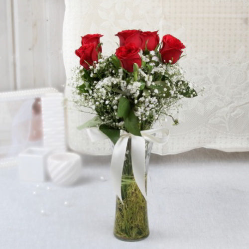 Six Red Roses in Glass Vase