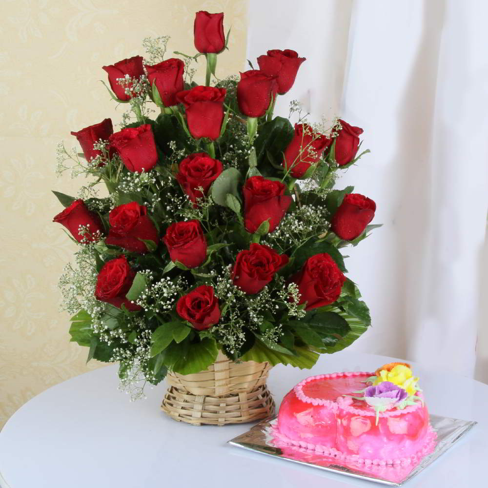 Strawberry Cake and Red Roses Basket Arrangement