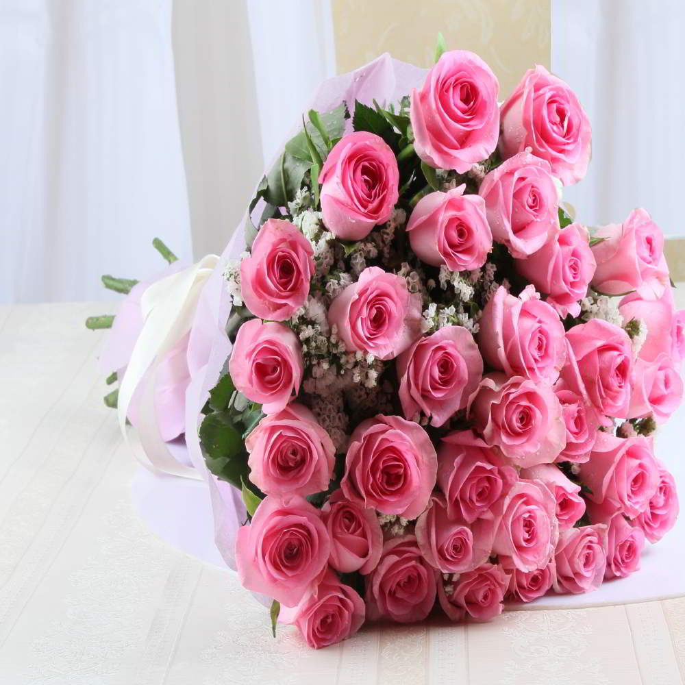 Pink Roses in Tissue Bouquet