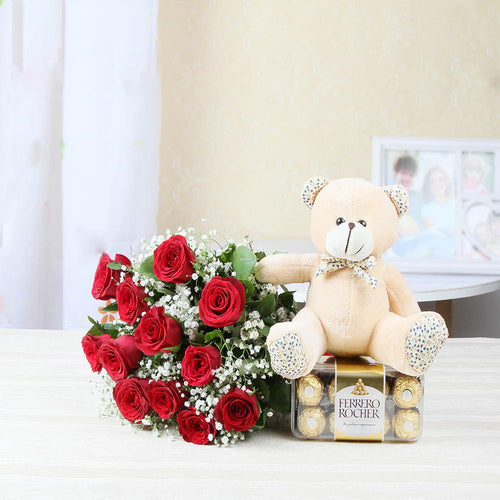 Red Roses Bouquet with Teddy Bear and Ferrero Rocher Chocolate