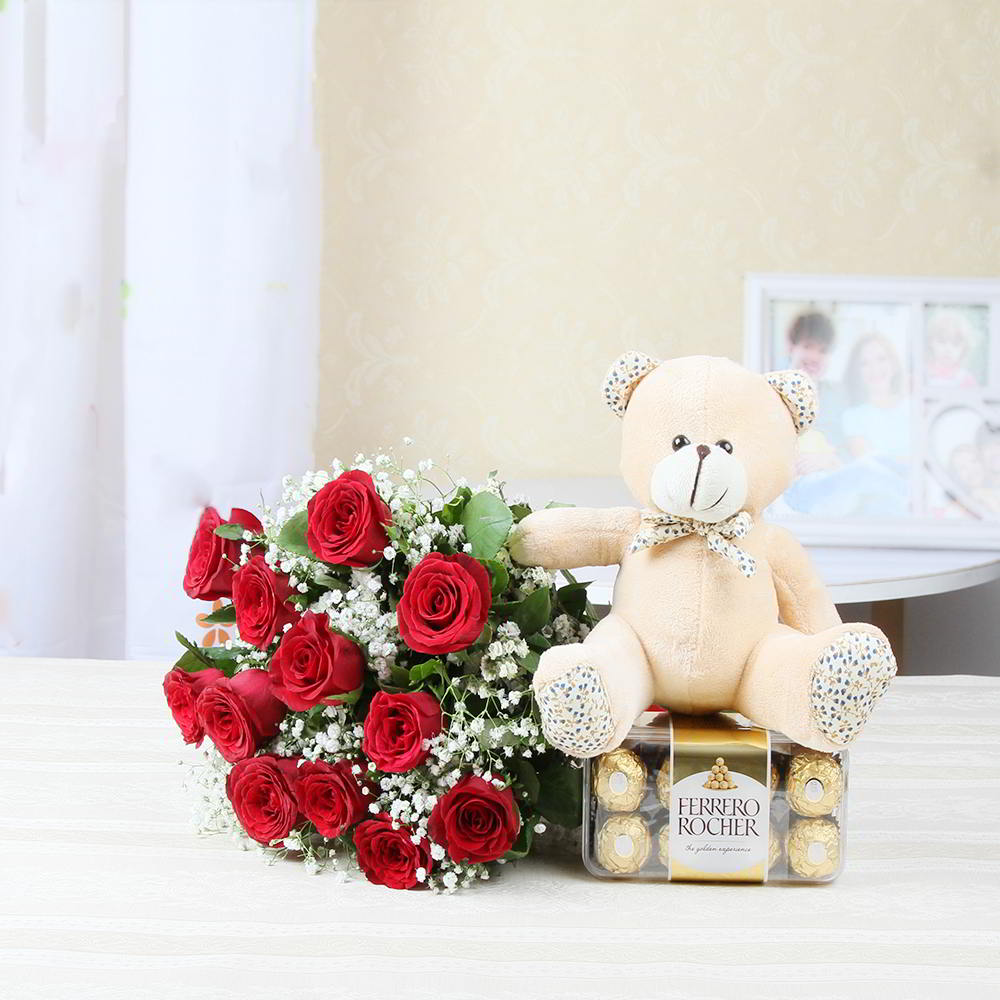 Red Roses Bouquet with Teddy Bear and Ferrero Rocher Chocolate