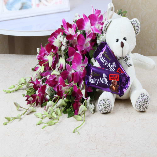 Orchids Bouquet with Teddy Bear and Cadbury Chocolate