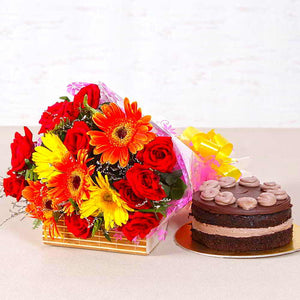 Fantastic Bright Floral Bouquet with Chocolate Creamy Cake