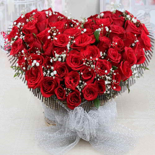 Heart Shape Arrangement of Fifty Romantic Red Roses