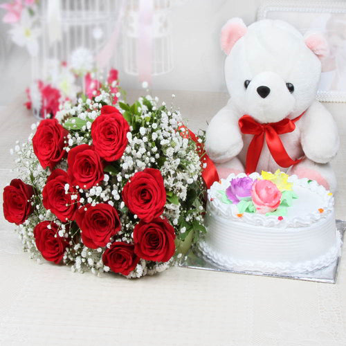 Vanilla Cake with Red Roses Bouquet and Teddy Bear