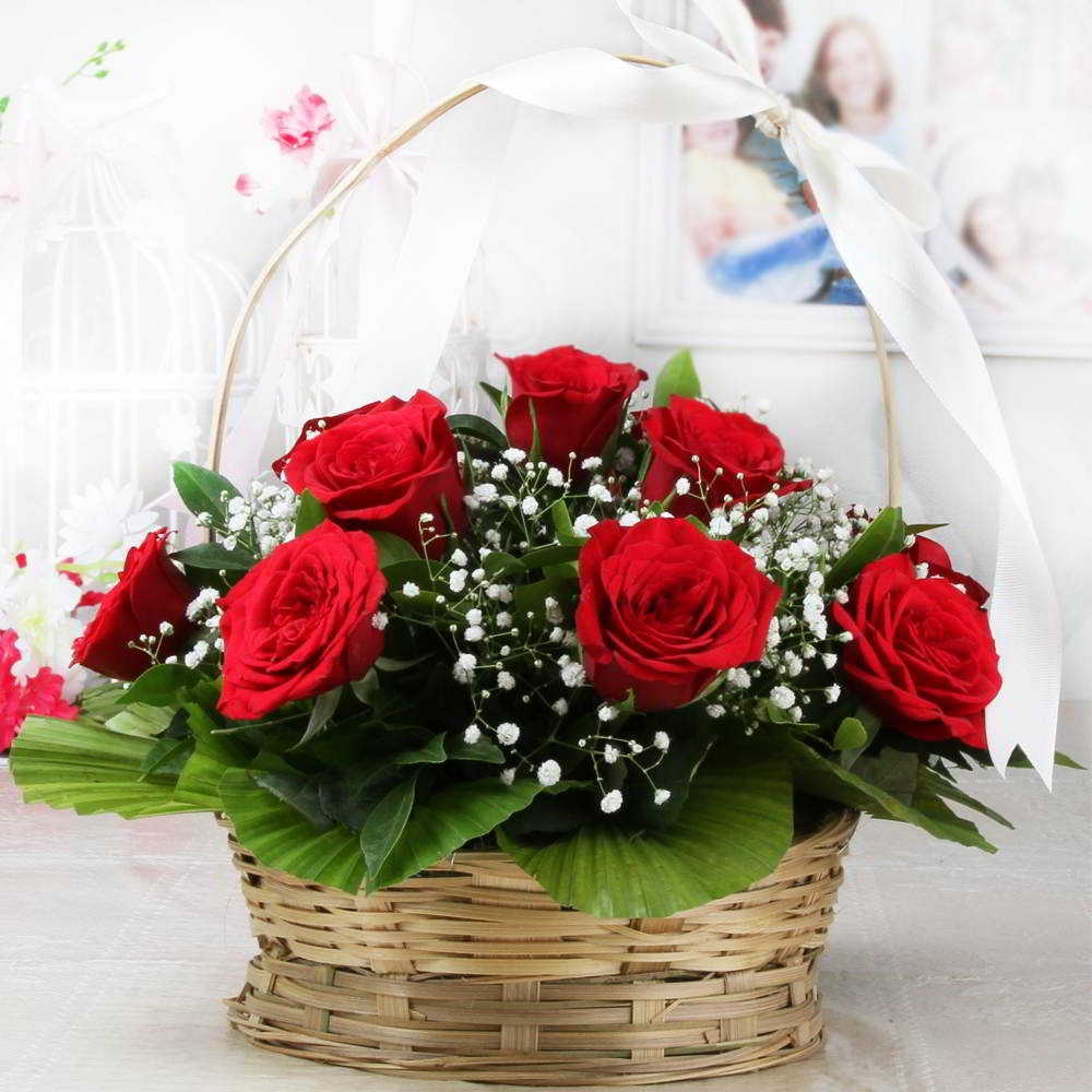 Basket Arrangement of Ten Red Roses –