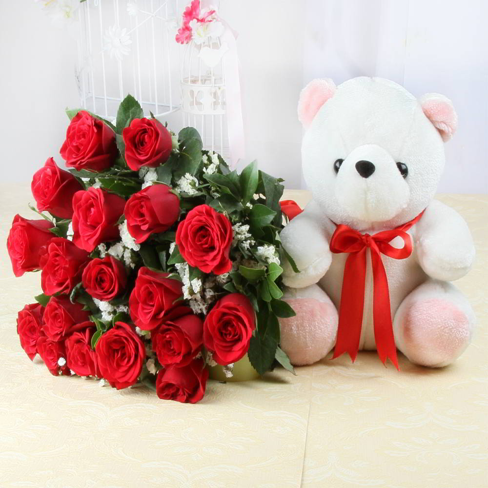 Eighteen Red Roses with Cute Teddy Bear – - Main Image