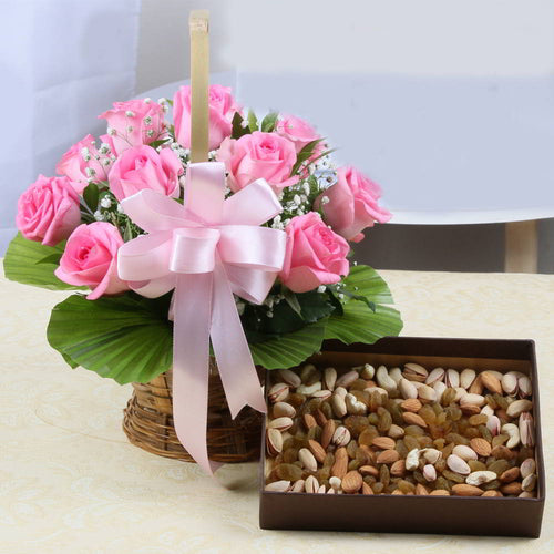 Ten Pink Roses Basket with Dry Fruits Box for Express Delivery