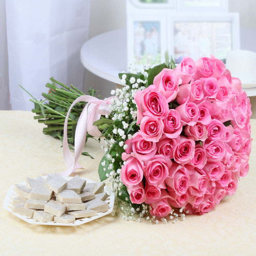 Fifty Pink Roses Hand Bouquet with Kaju Katli