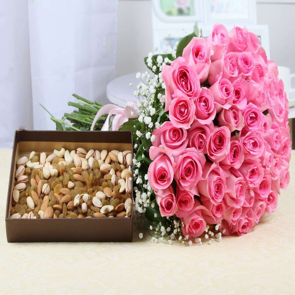 Fifty Pink Roses Hand Bouquet with Dry Fruits