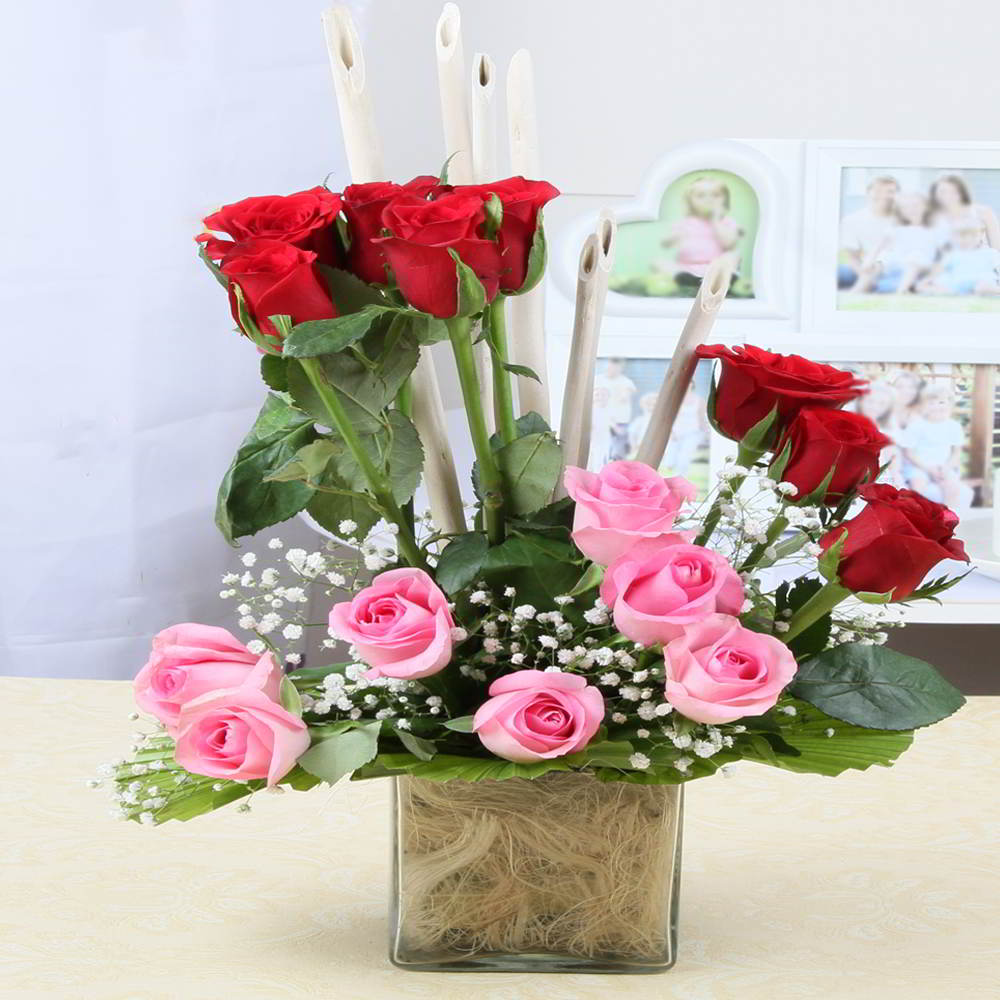 Fifteen Pink and Red Roses in Glass Vase Express Delivery