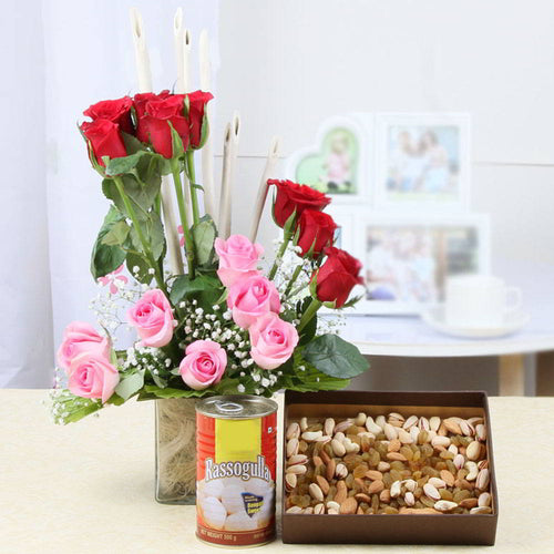 Fifteen Mix Roses in Glass Vase with Assorted Dry Fruits and Rasgulla