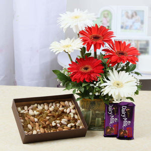 Gerberas Vase and Mix Dry Fruits with Dairy Milk Fruit N Nut Chocolates