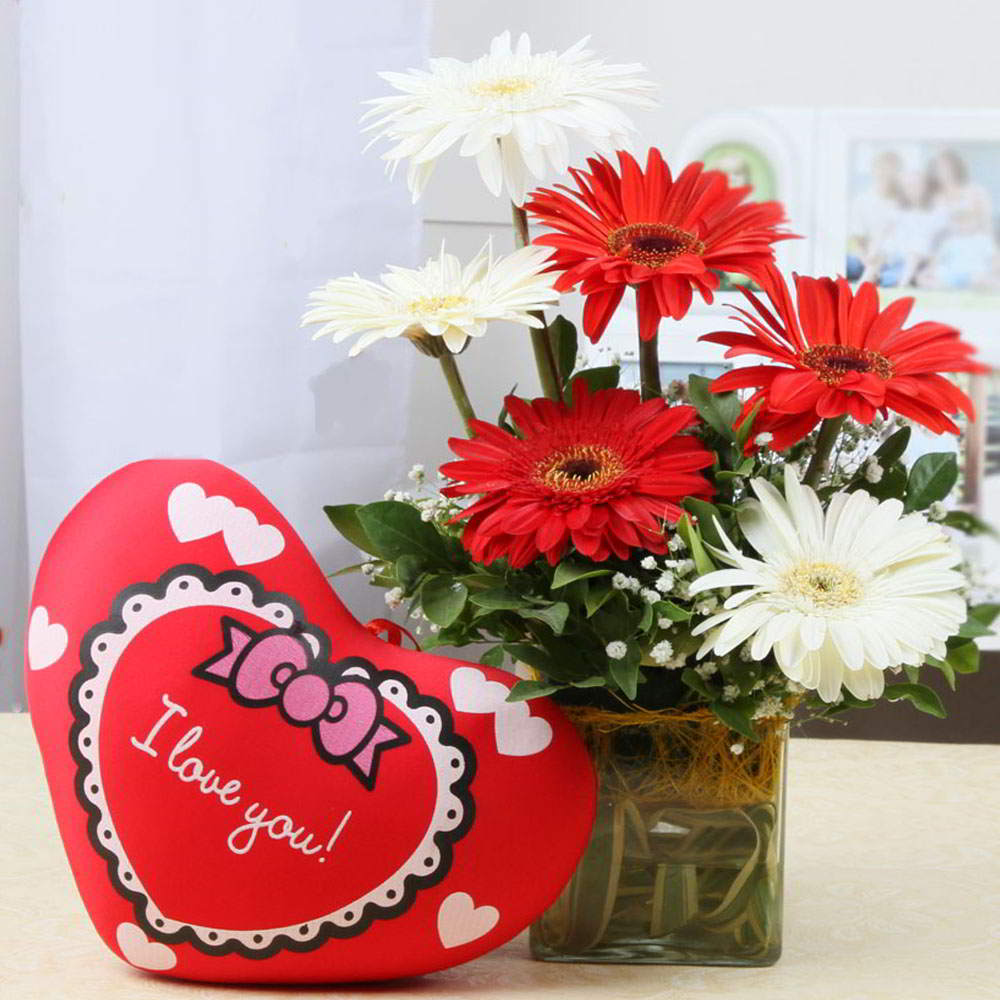 Six Gerberas in a Glass Vase and Red Heart Cushion
