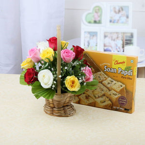 Fantastic Colorful Roses Basket Arrangement and Soan Papdi Combo