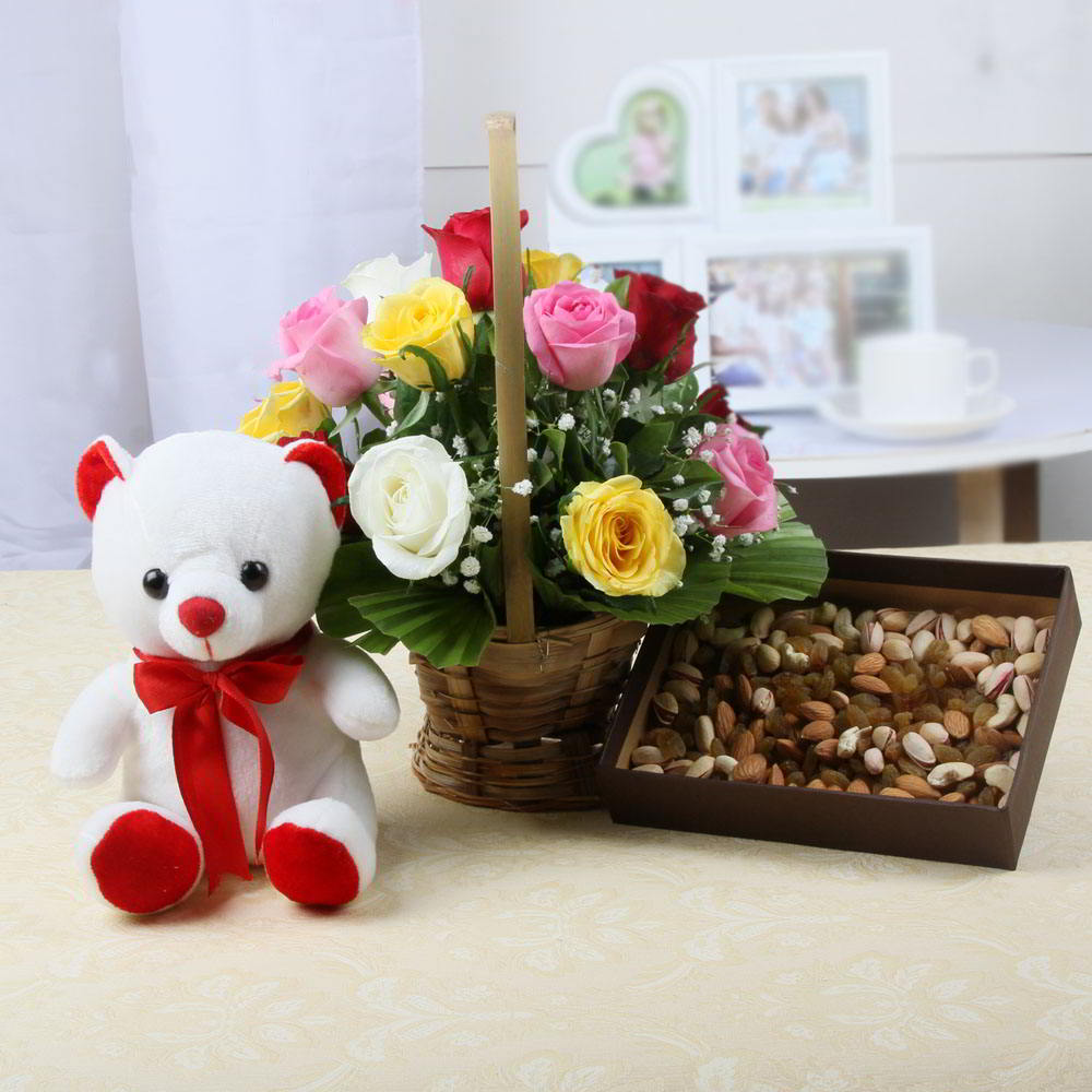 Colorful Roses Basket Arrangement and Teddy with Dry Fruits Hamper