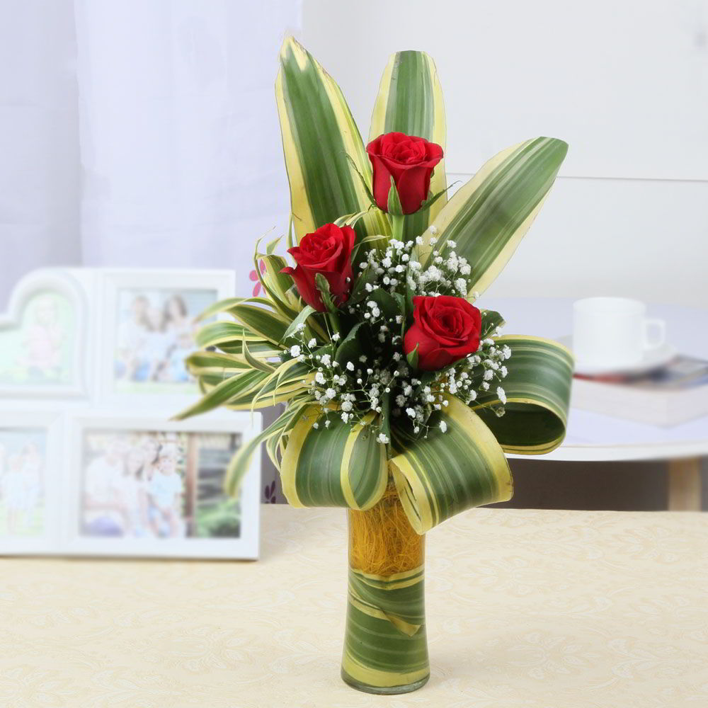 Dazzling Three Red Roses in Glass Vase