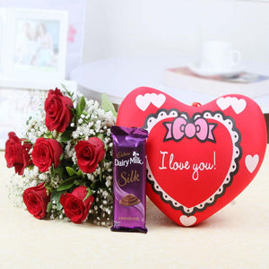 Lovable Six Rose Bunch and Heart Cushion with Cadbury Dairy Milk Silk