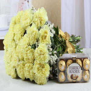 Yellow Carnations Long Stem Bouquet with Ferrero Rocher Chocolates