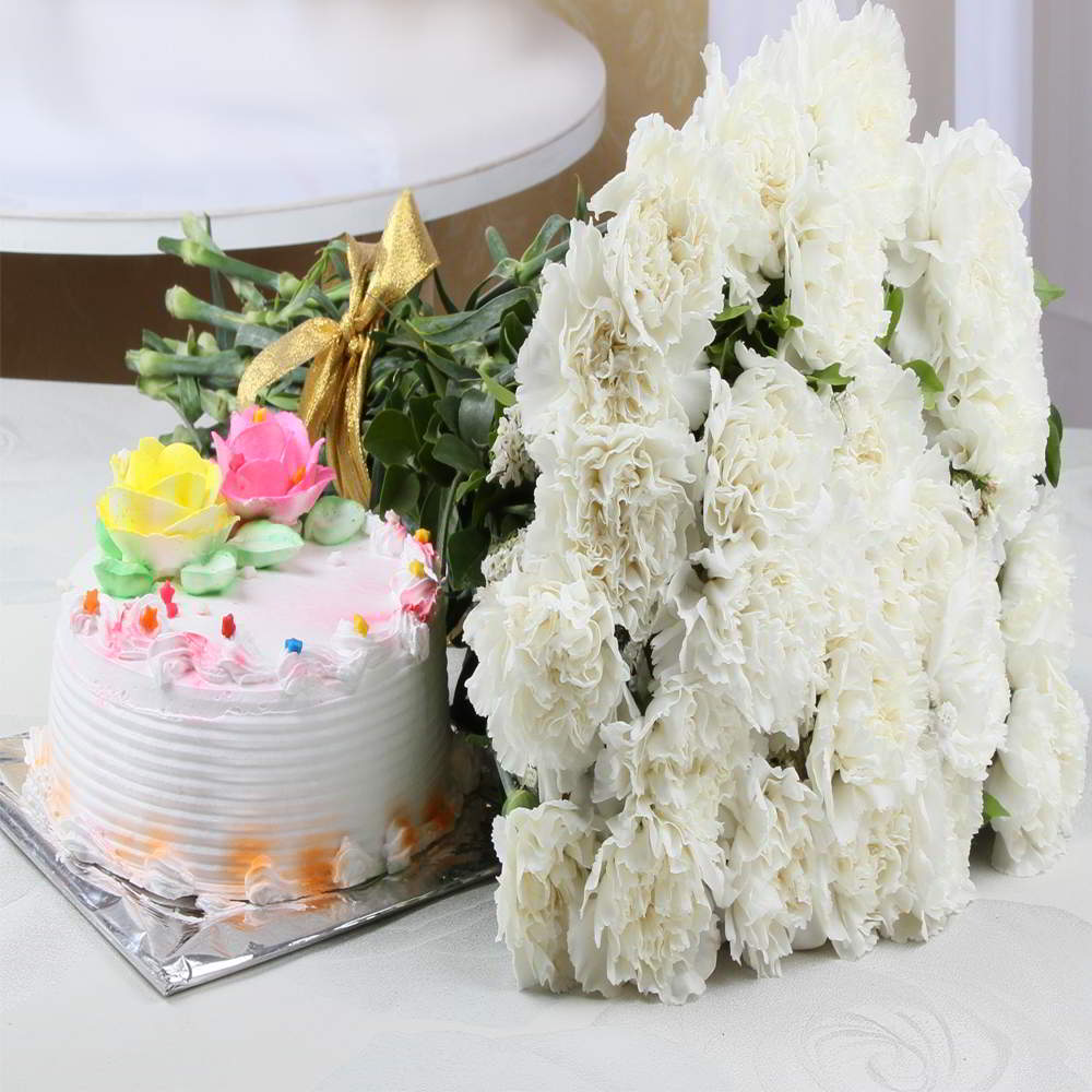White Carnations with Eggless Vanilla Cake Combo