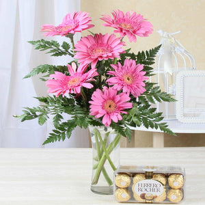 Six Pink Gerberas with Ferrero Rocher Chocolate