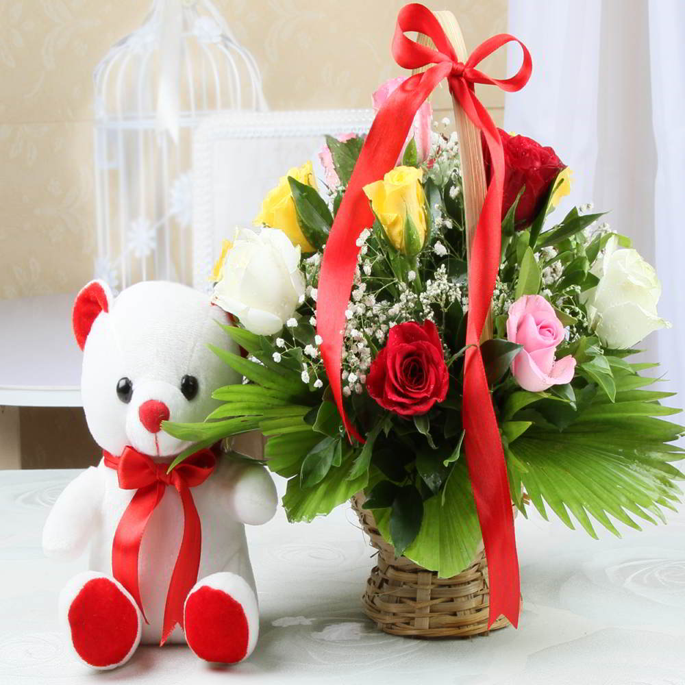 Mix Roses Basket Arrangement and Teddy Bear