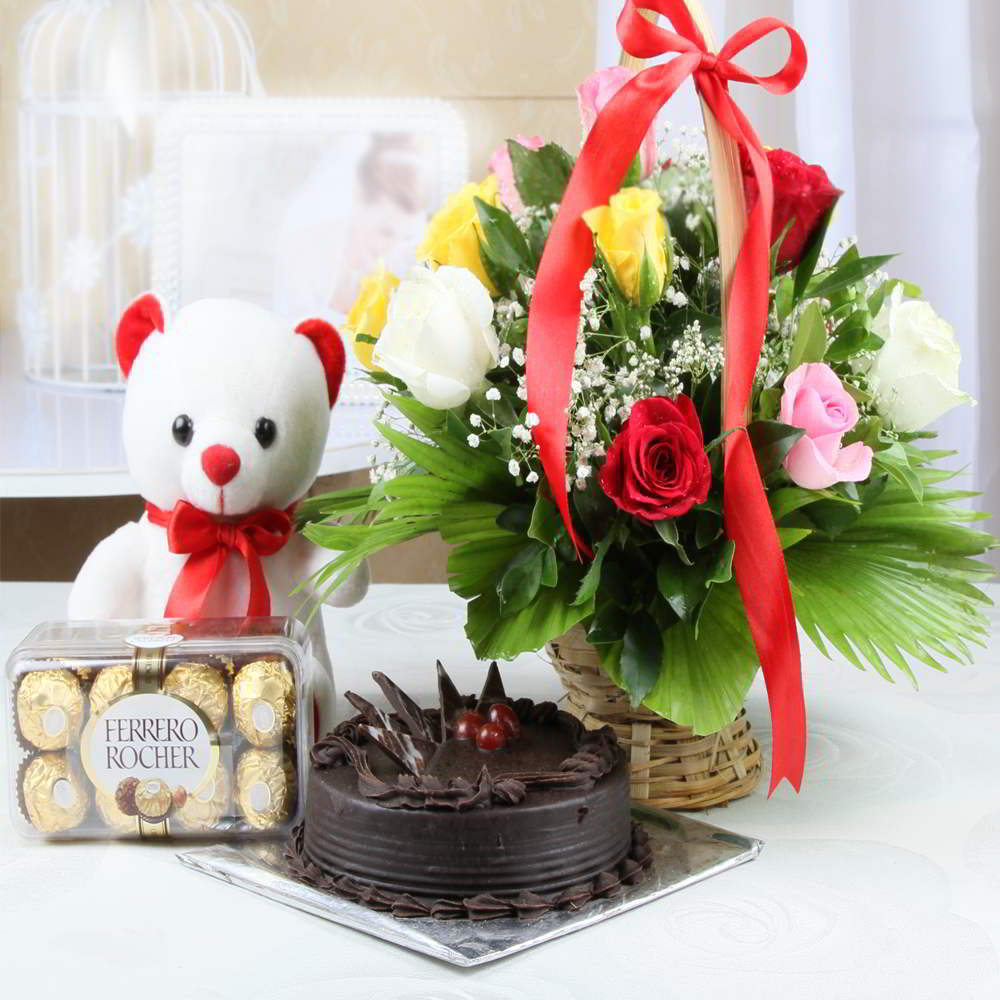 Mix Roses and Teddy with Ferrero Rocher Chocolates along Truffle Cake