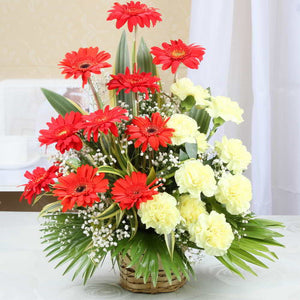 Yellow Carnations with Red Gerberas Basket