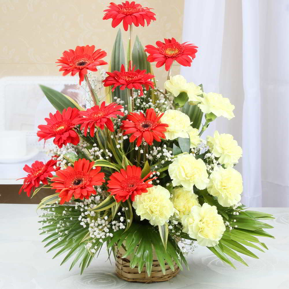 Yellow Carnations with Red Gerberas Basket