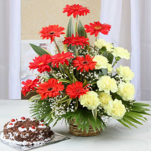Yellow Carnations with Red Gerberas Basket and Black Forest Cake
