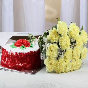Red Velvet Cake and Yellow Carnations Combo
