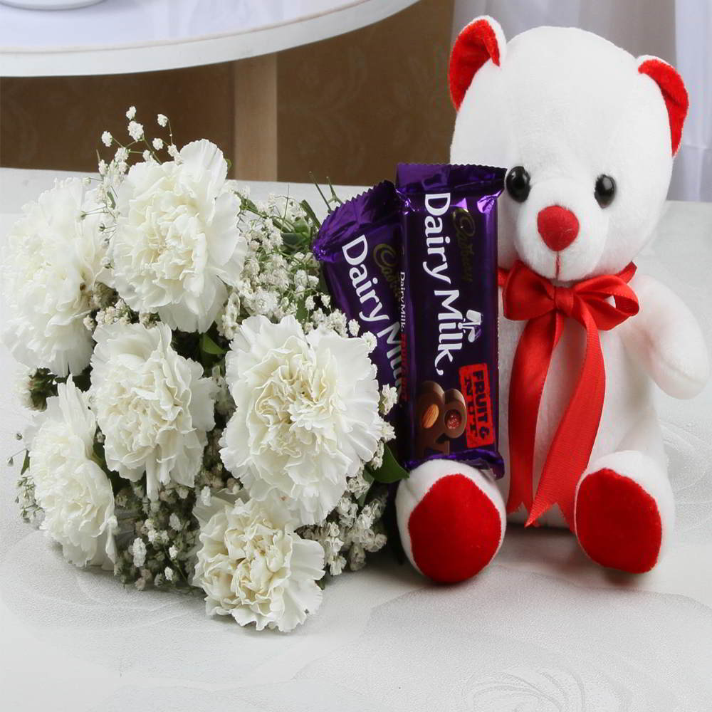 Six White Carnations with Teddy Bear and Chocolates
