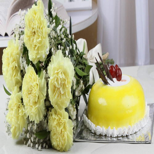 Six Yellow Carnations and Half Kg Pineapple Cake