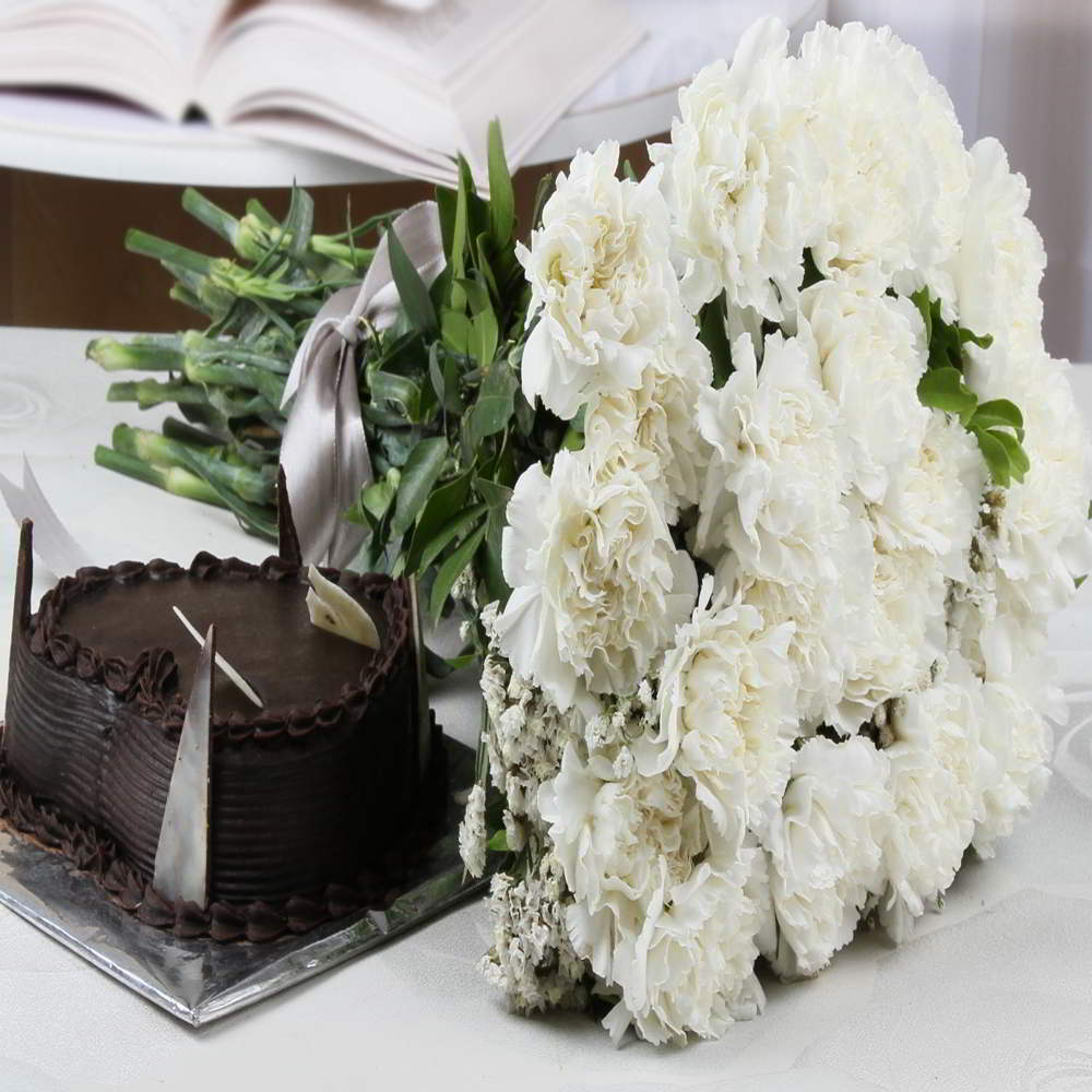 Pretty White Carnations Bouquet with Eggless Heart Shape Dark Chocolate Cake