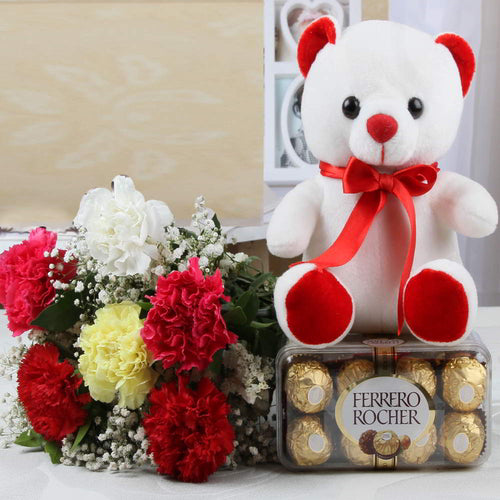 Soothing Colorful Carnations with Ferrero Rocher Chocolates and Teddy