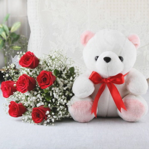 Hamper of Red Roses with Teddy Bear