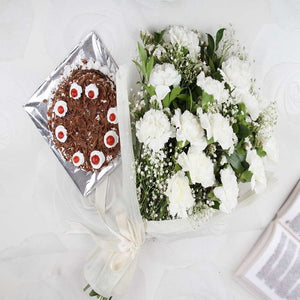 Adorable White Carnations with Black Forest Cake Combo Express Delivery