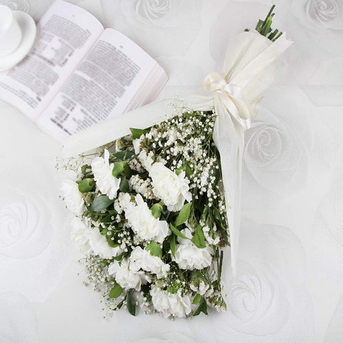 Appealing White Carnations Hand Bouquet