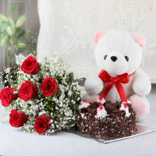 Bouquet of Red Roses and Teddy Bear with Black Forest Cake