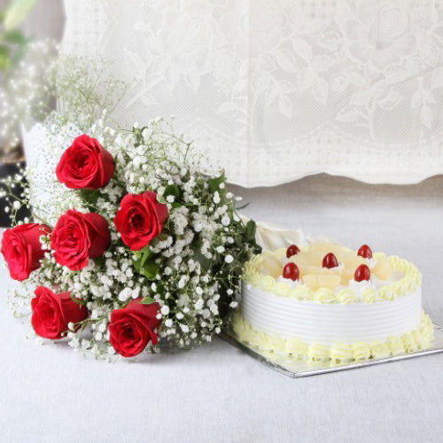 Combo of Six Red Roses Bouquet with Pineapple Cake