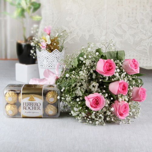 Hamper of Pink Roses and Ferrero Chocolate