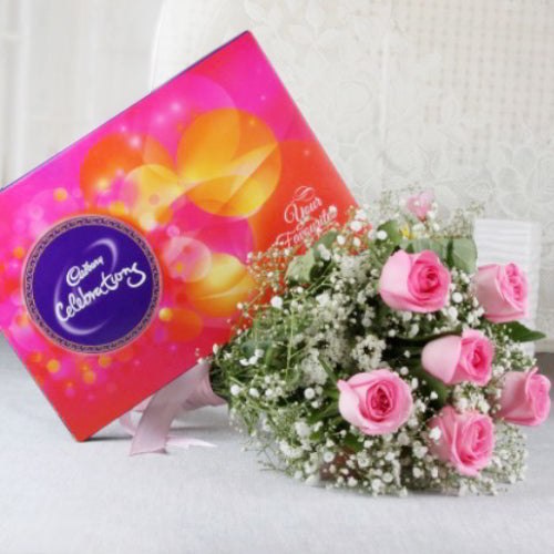 Bouquet of Six Pink Roses with Cadbury Celebrations
