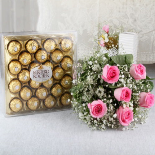 Ferrero Rocher Chocolate with Six Pink Roses Bouquet