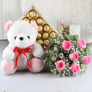 Bouquet of Pink Roses and Chocolates with Cute Teddy Bear