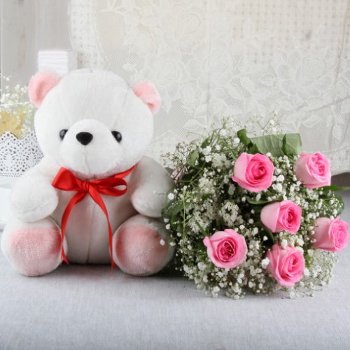 Bouquet of Pink Roses with Cute Teddy Bear