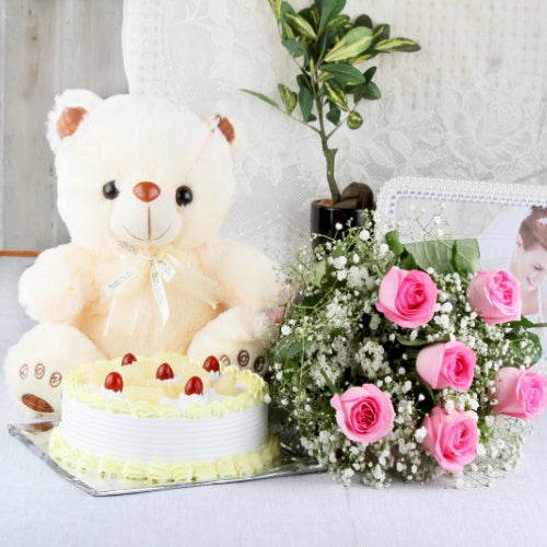 Bouquet of Pink Roses and Cake with Cute Teddy