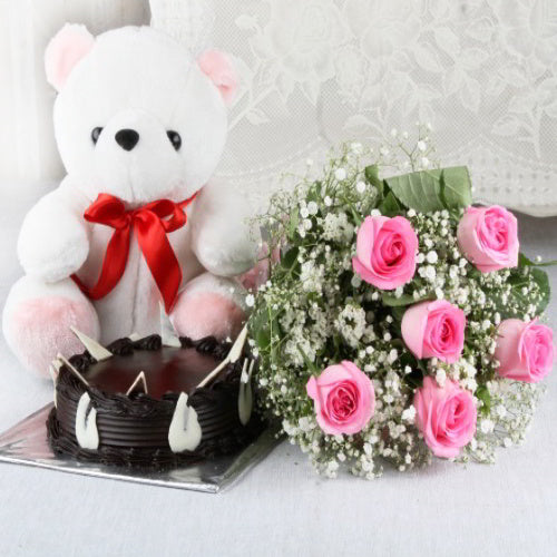 Hamper of Six Pink Roses and Cute Teddy with Chocolate Cake
